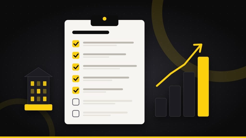 Illustration of a business checklist with completed items beside a rising growth chart