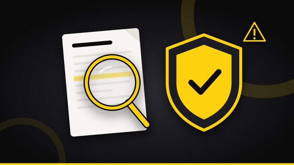 Illustration of a magnifying glass checking a document beside a protective shield with a checkmark