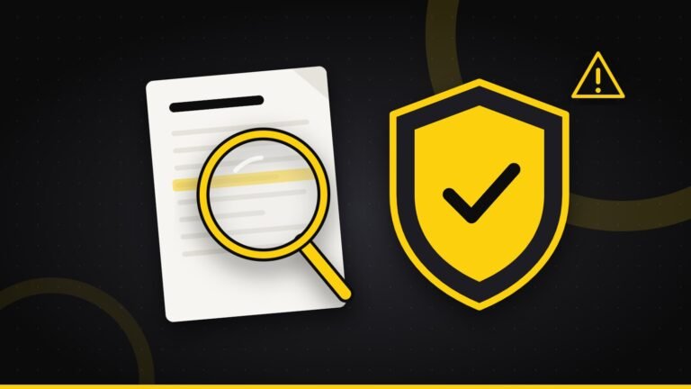 Illustration of a magnifying glass checking a document beside a protective shield with a checkmark