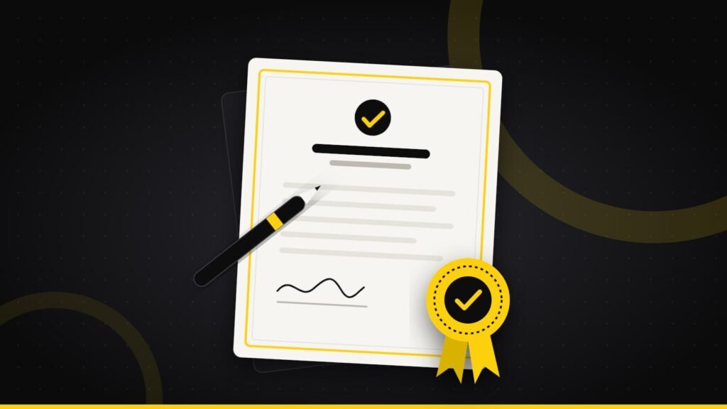Illustration of a signed business registration certificate with a yellow seal of approval